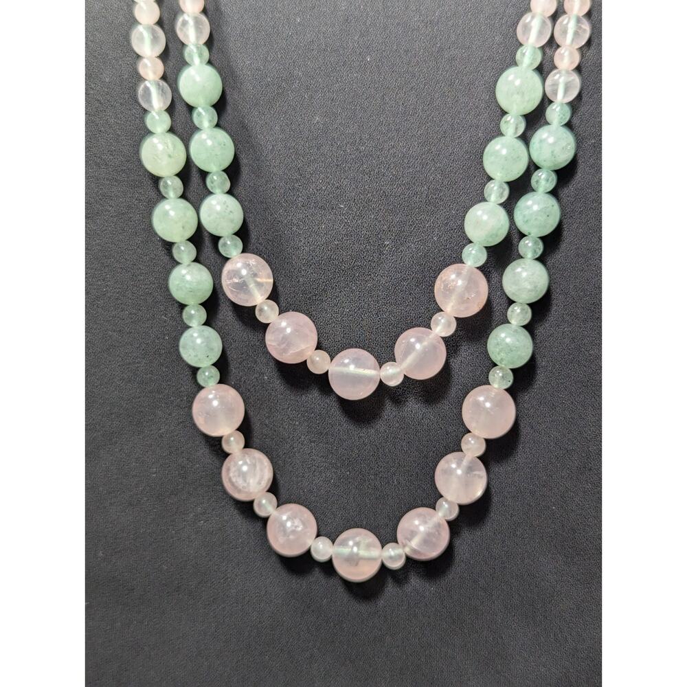 Green Aventurine Rose Quartz 2 Strand Necklace Estate Jewelry Gorgeous